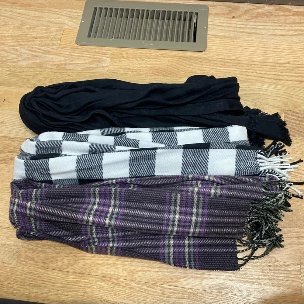 Scarf Bundle Purple Plaid Fringe Black Gray Striped